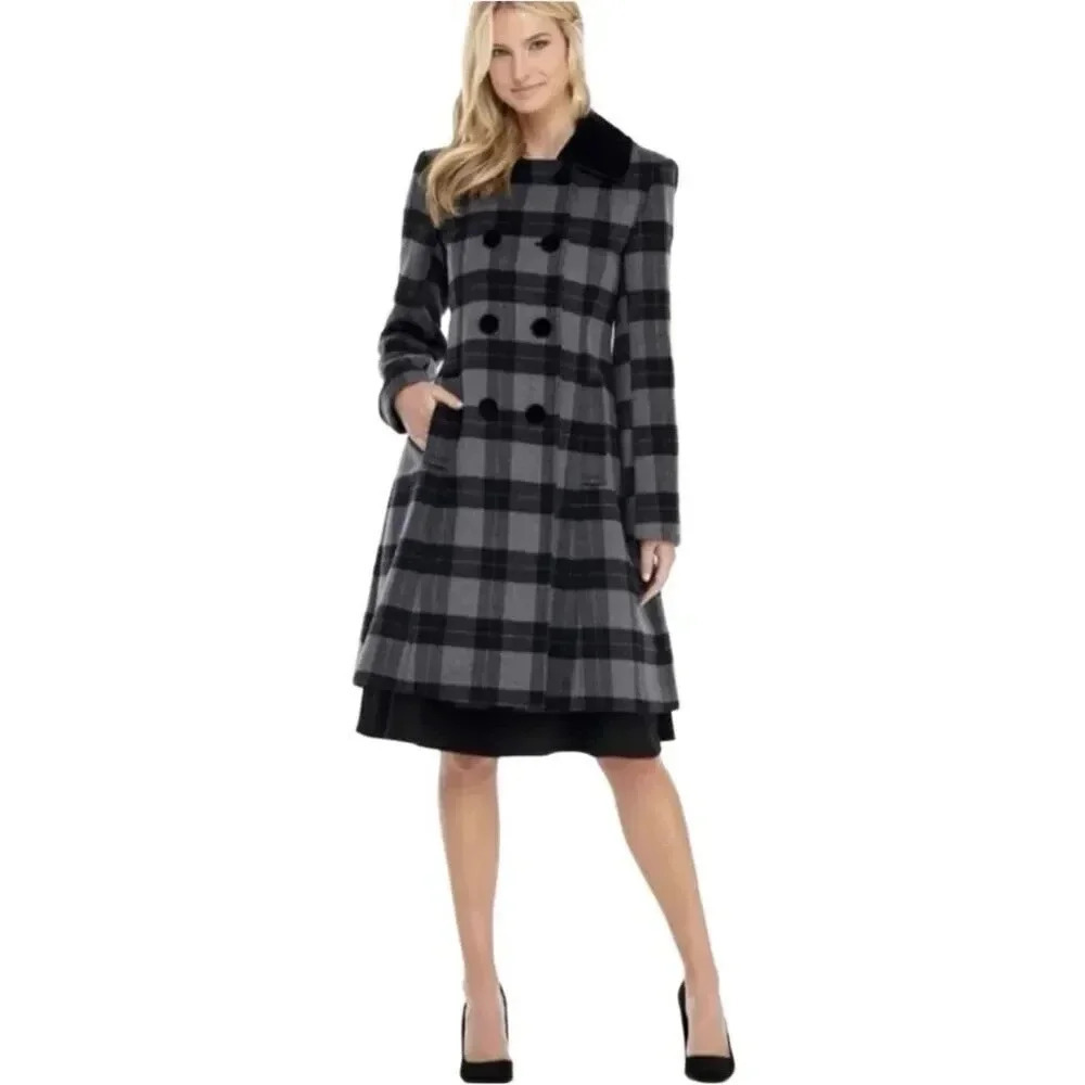 Gal Meets Glam Pea Coat Large Marnette Wool Plaid Velvet Black Double Breasted